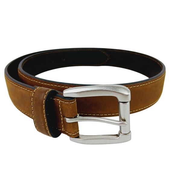 Men's SZ 38 Genuine Leather Belt Brown Silver Buckle NWOT - Picture 1 of 4
